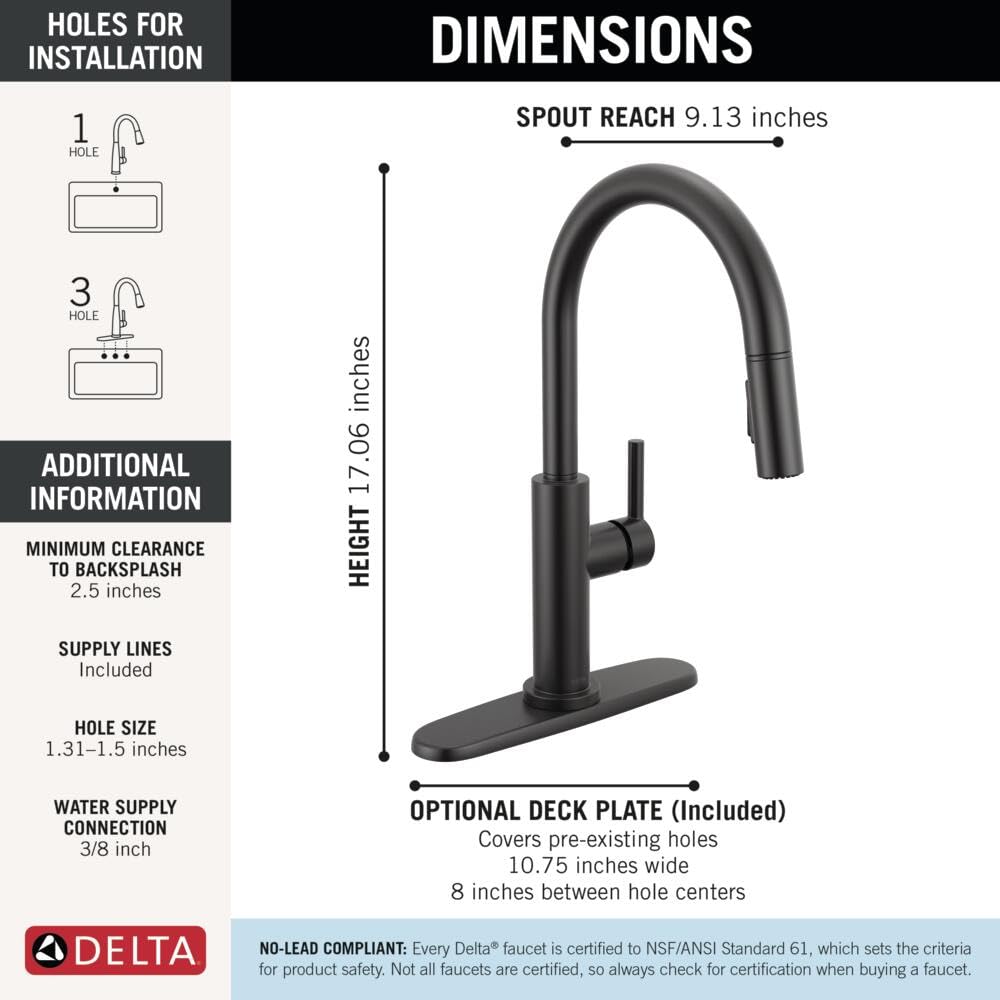 Matte black single handle pull-down kitchen faucet with curved spout and deck plate included.