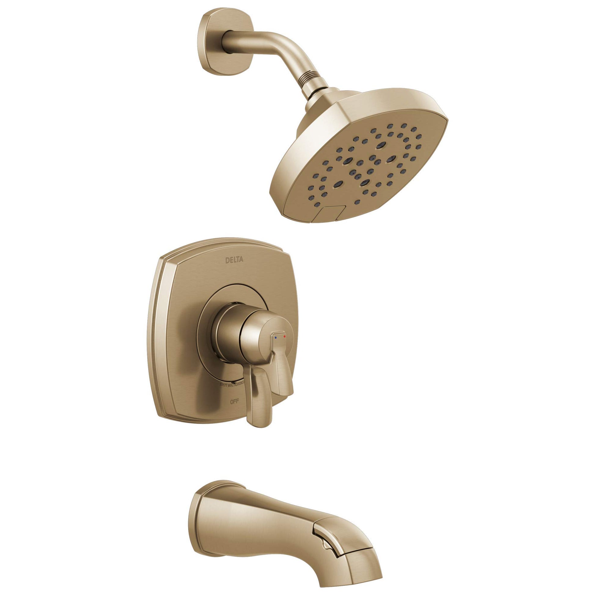 Champagne bronze tub and shower fixture set with single-handle valve, showerhead, and tub spout.