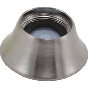 Stainless steel aerator with conical body, threaded collar, and blue mesh insert visible inside opening.
