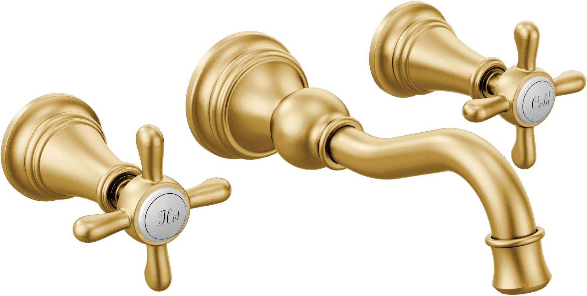 Brushed gold two-handle wall-mount bathroom faucet with high arc spout and cross handles.