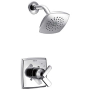 Chrome showerhead with perforations and matching wall-mounted control valve with lever handle and temperature dial.