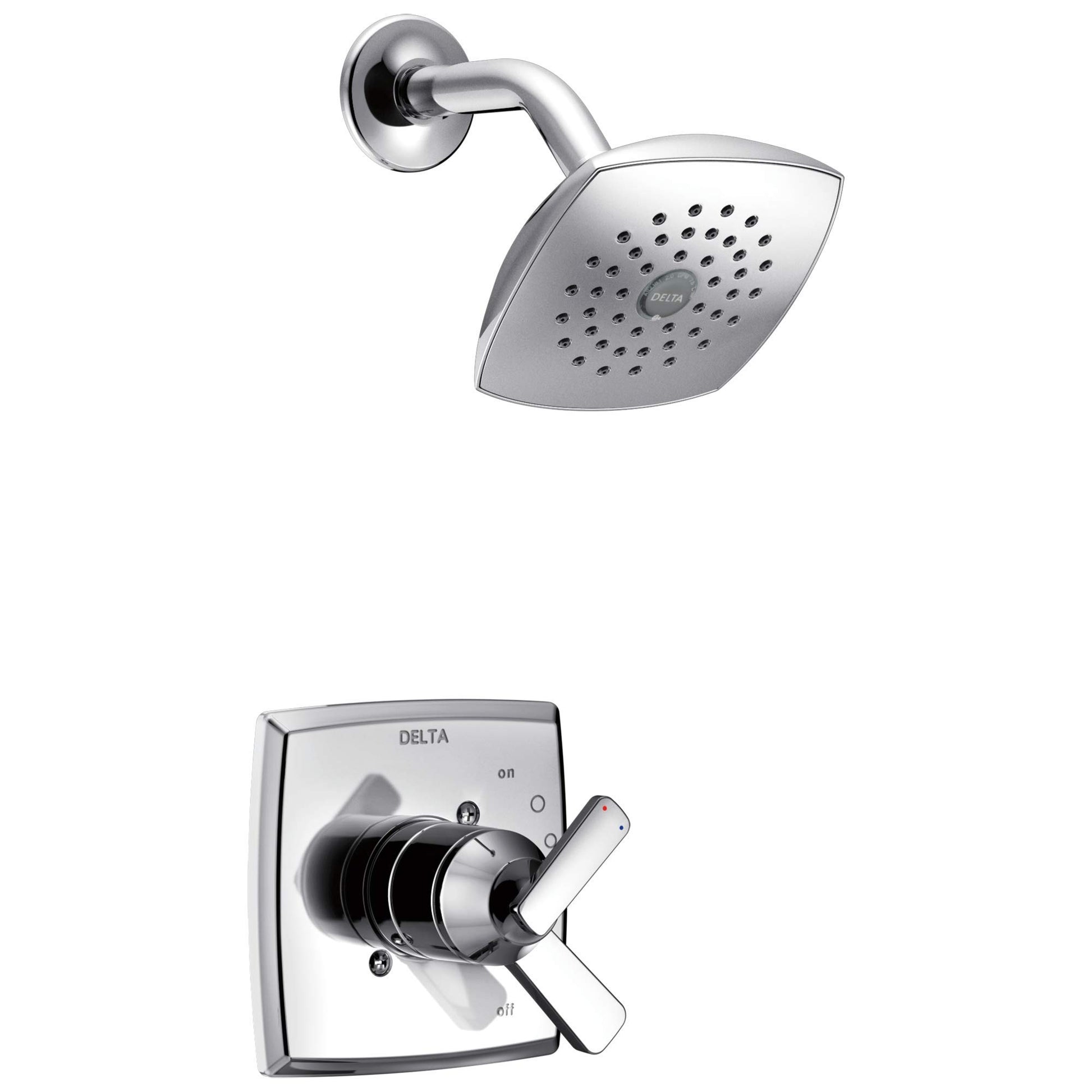 Chrome showerhead with perforations and matching wall-mounted control valve with lever handle and temperature dial.