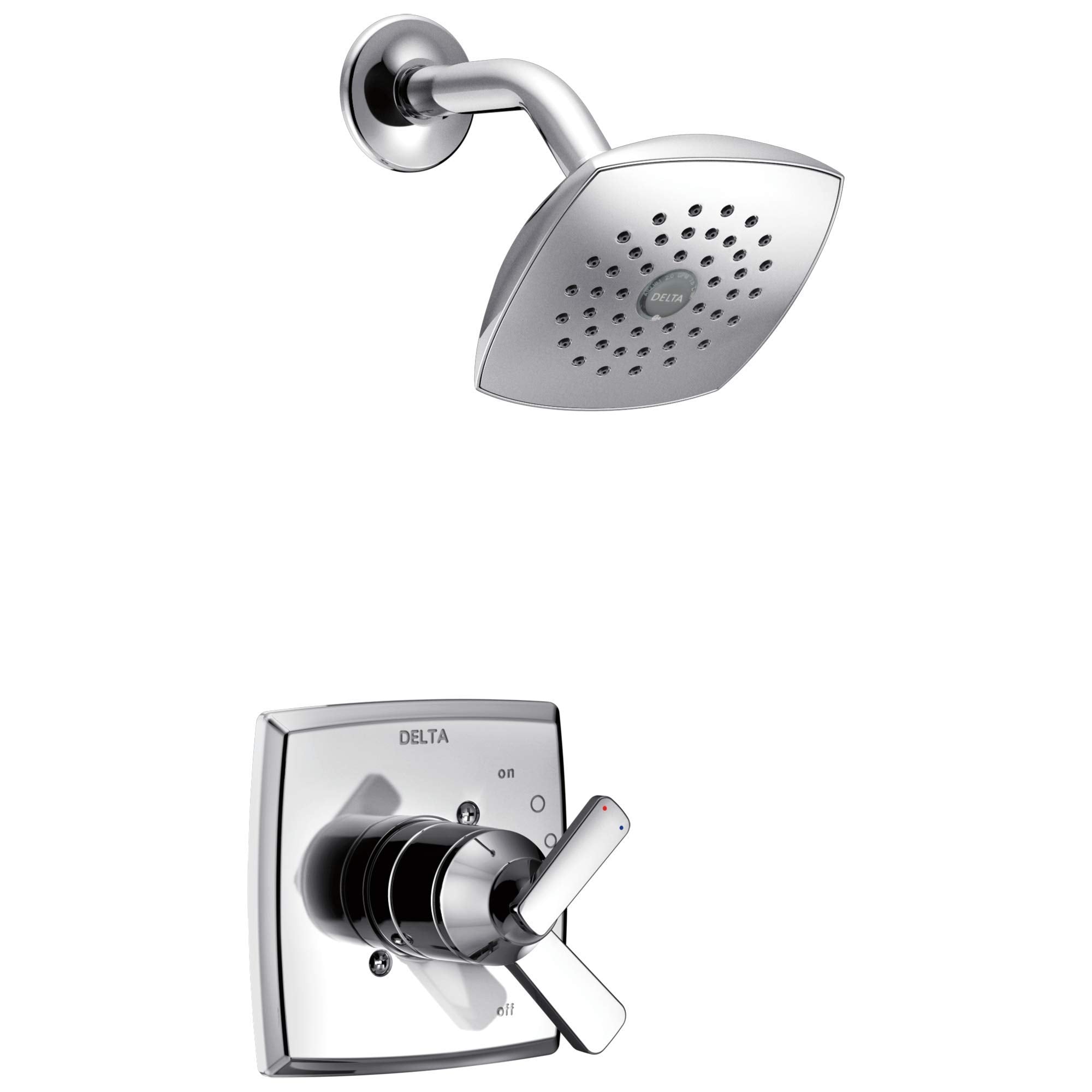 Chrome showerhead with perforations and matching wall-mounted control valve with lever handle and temperature dial.