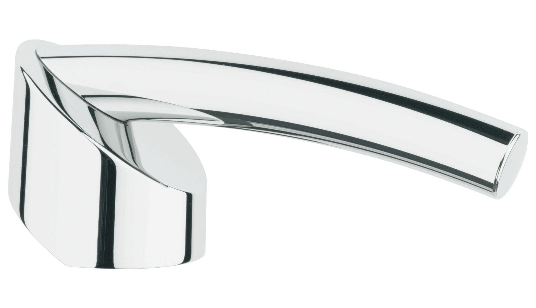 Chrome lever head with curved handle and cylindrical grip for faucet control.