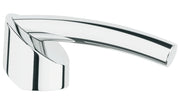 Chrome lever head with curved handle and cylindrical grip for faucet control.