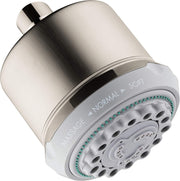 Brushed nickel cylindrical shower head with white face plate showing massage, normal, and soft spray settings with multiple j