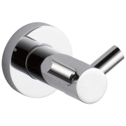 Chrome and white robe hook with cylindrical hook extending from round wall plate.