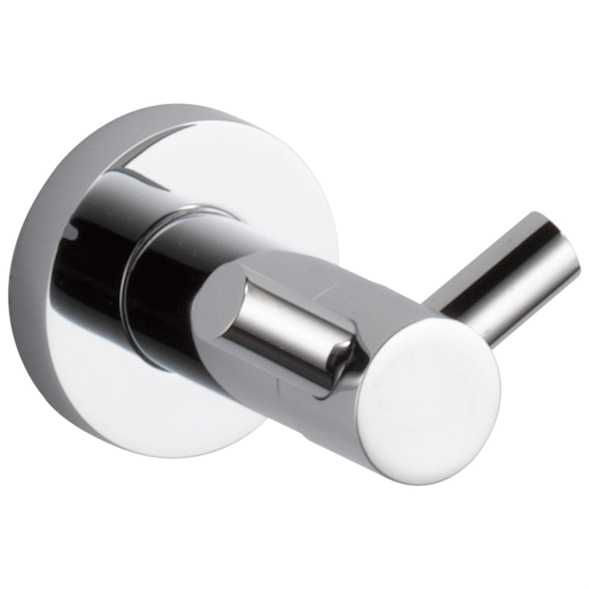 Chrome and white robe hook with cylindrical hook extending from round wall plate.
