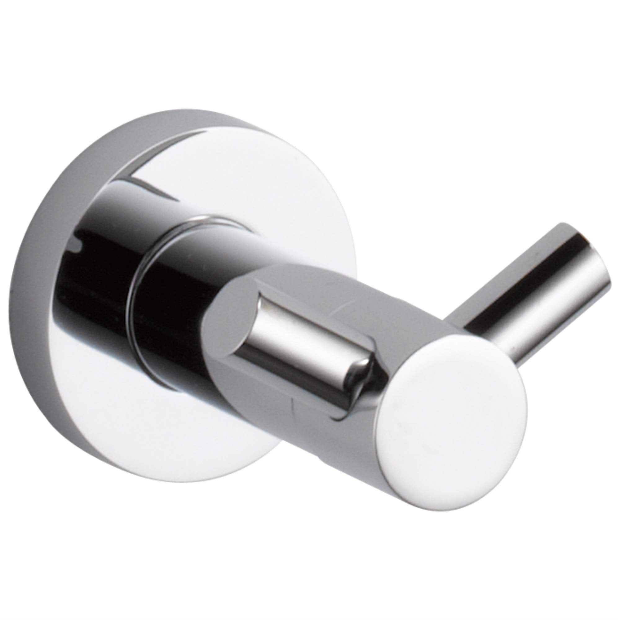 Chrome and white robe hook with cylindrical hook extending from round wall plate.