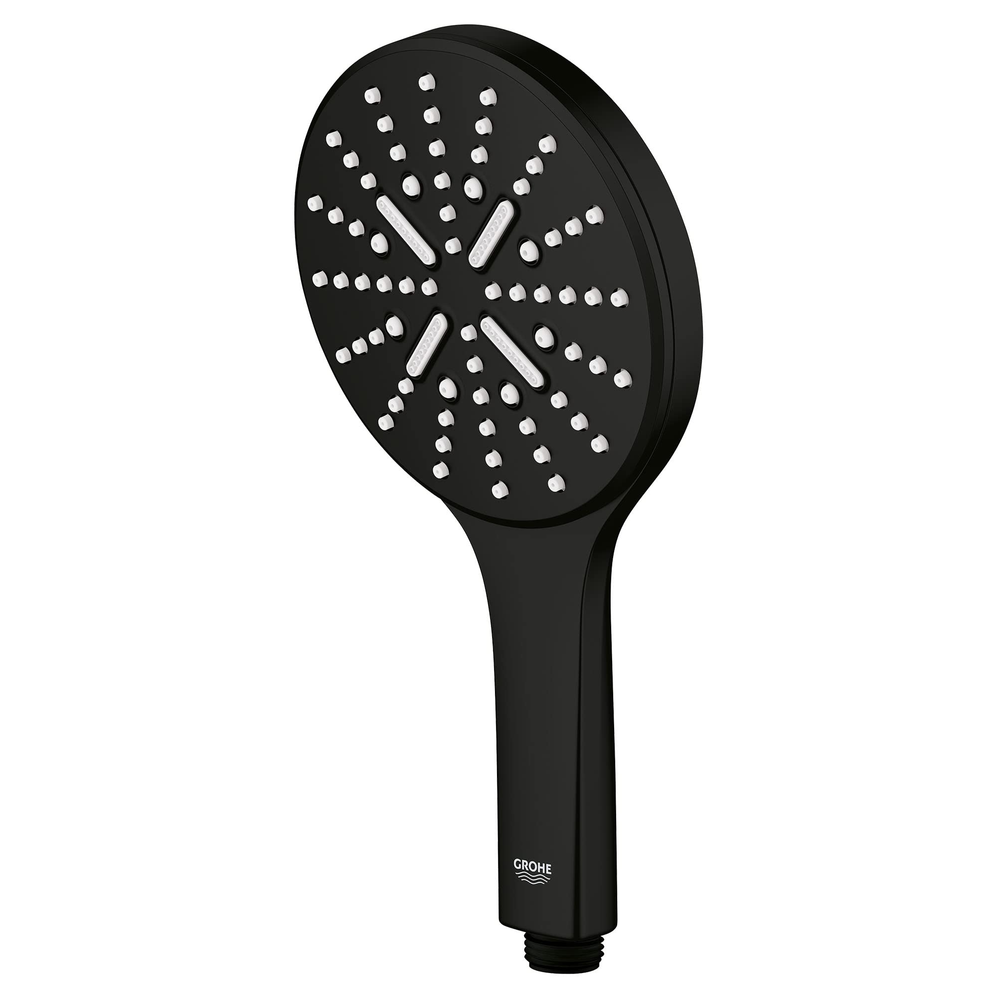 Matte black hand shower with circular spray head and grip handle.