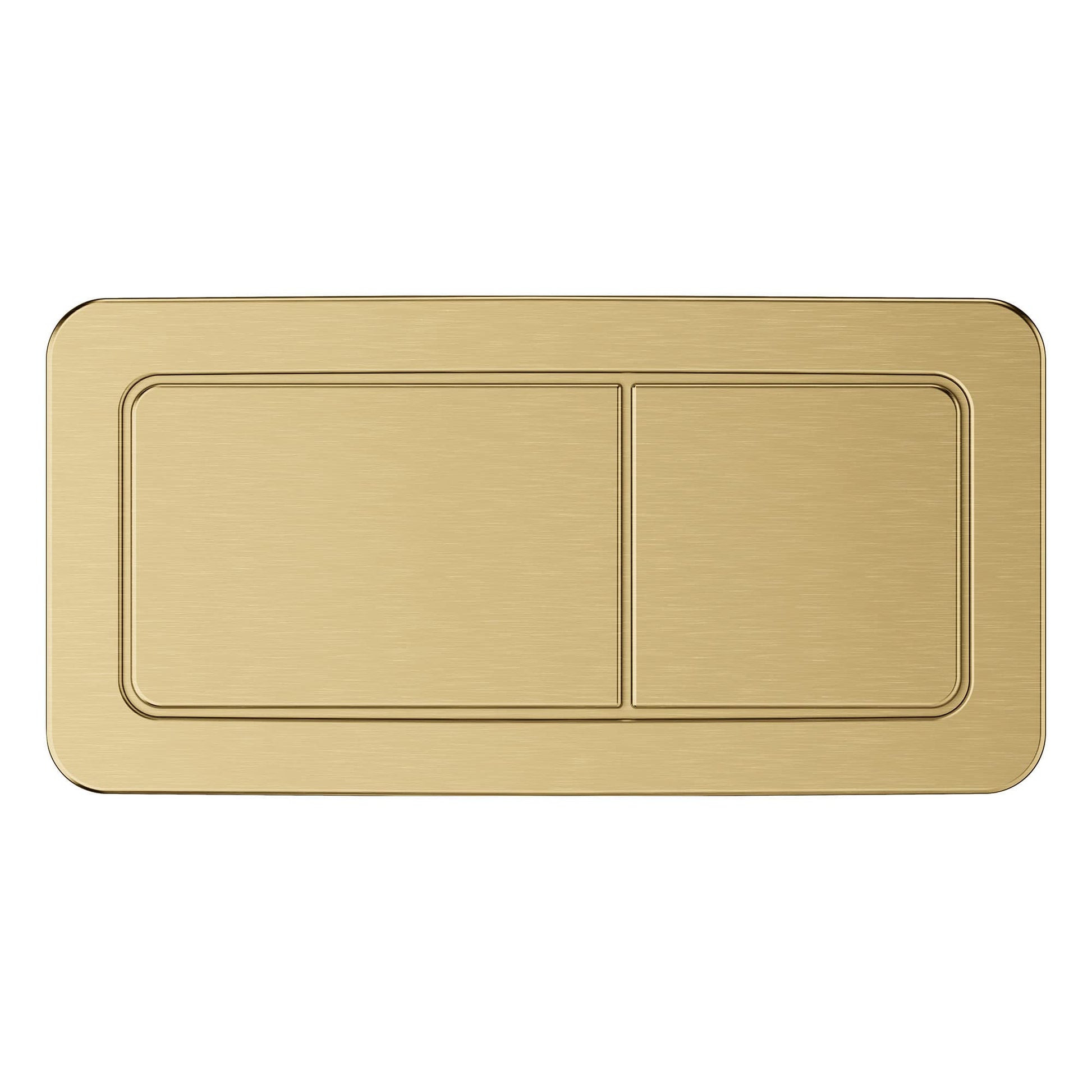 Brushed gold rectangular dual flush actuator plate with two rectangular buttons for toilet tank operation.