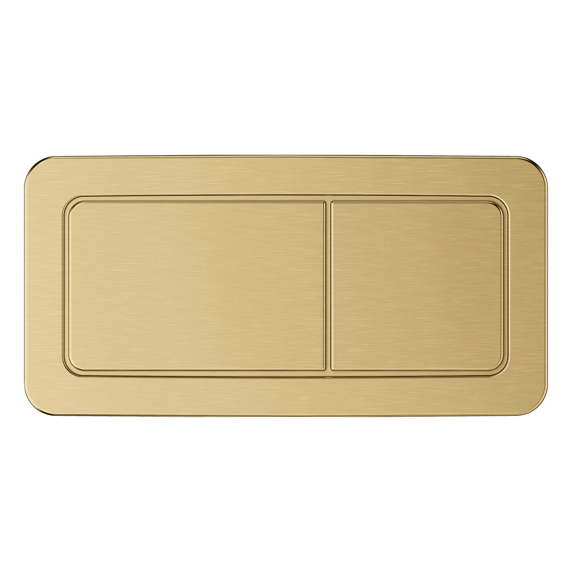 Brushed gold rectangular dual flush actuator plate with two rectangular buttons for toilet tank operation.