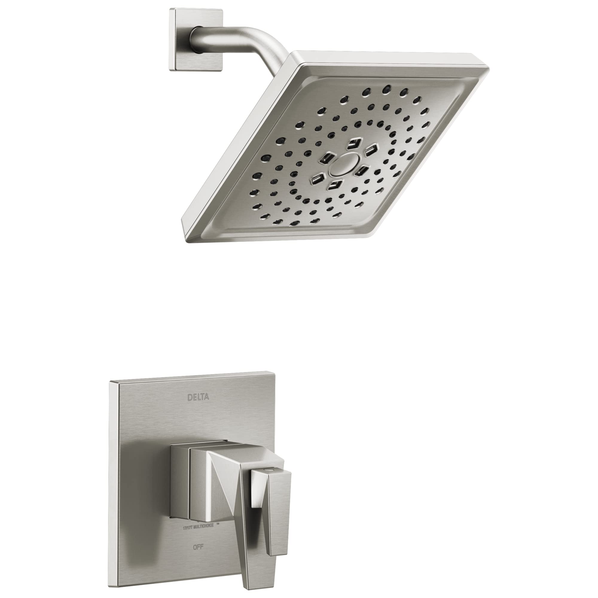 Brushed nickel shower head with perforated face and curved arm, paired with square wall-mounted valve trim.
