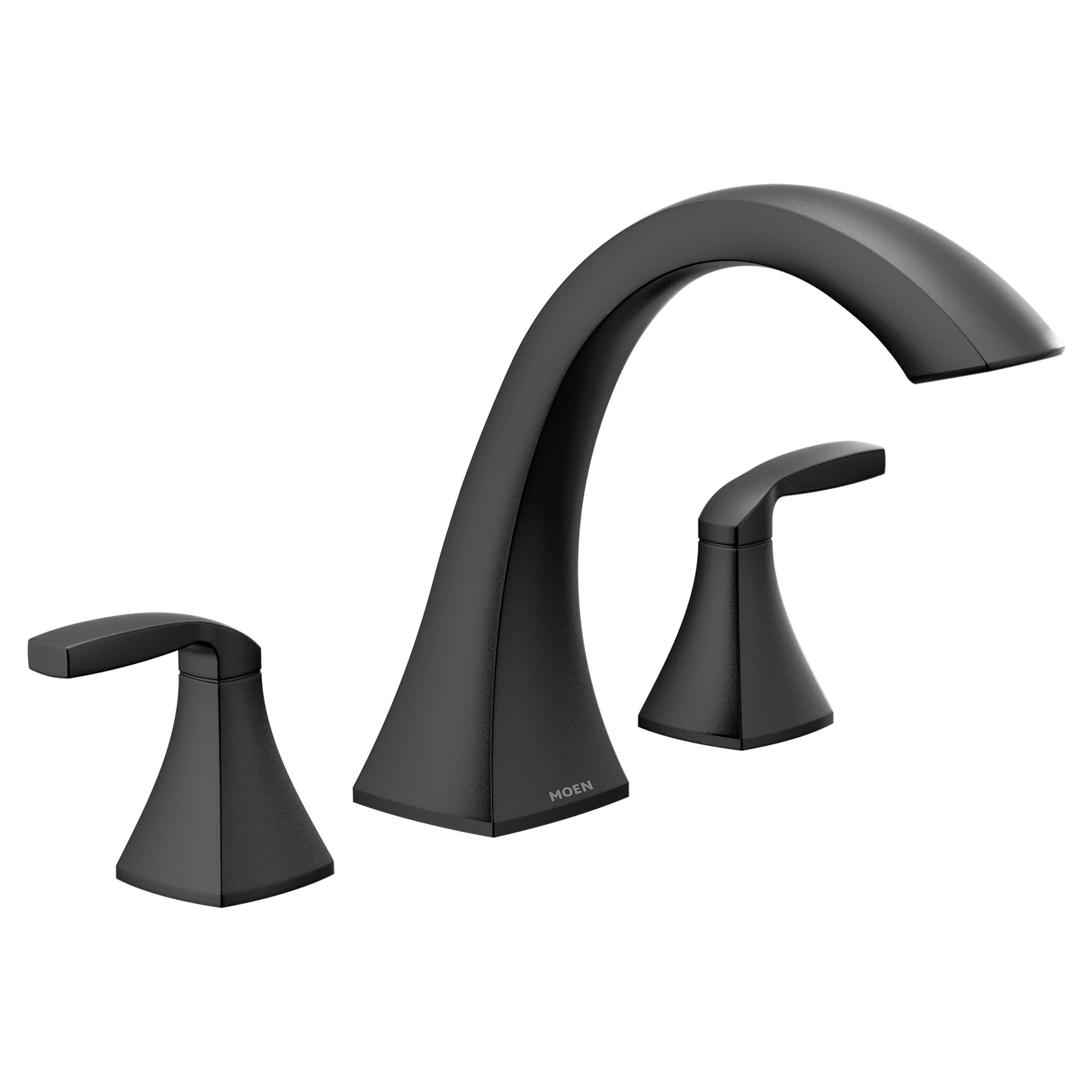 Matte black two-handle roman tub faucet with curved center spout and matching lever handles.