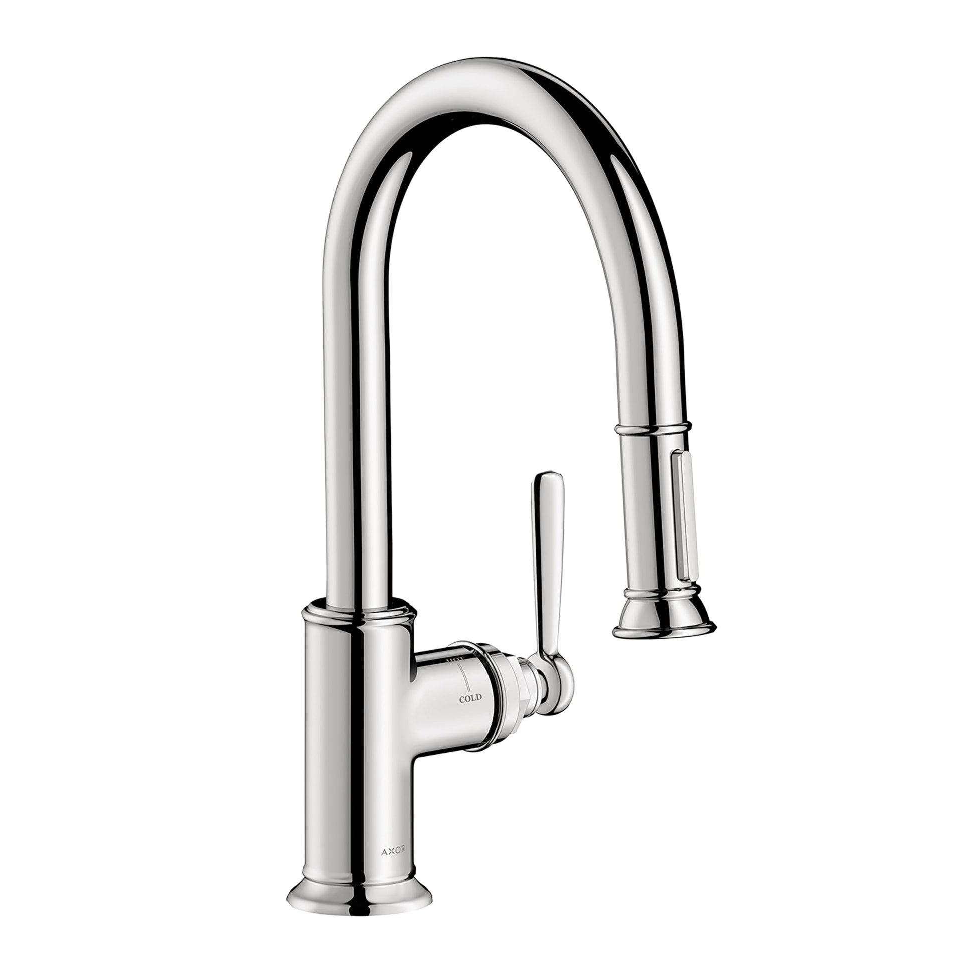 Chrome kitchen faucet with curved pull-down spout, single lever handle, and dual spray nozzle.
