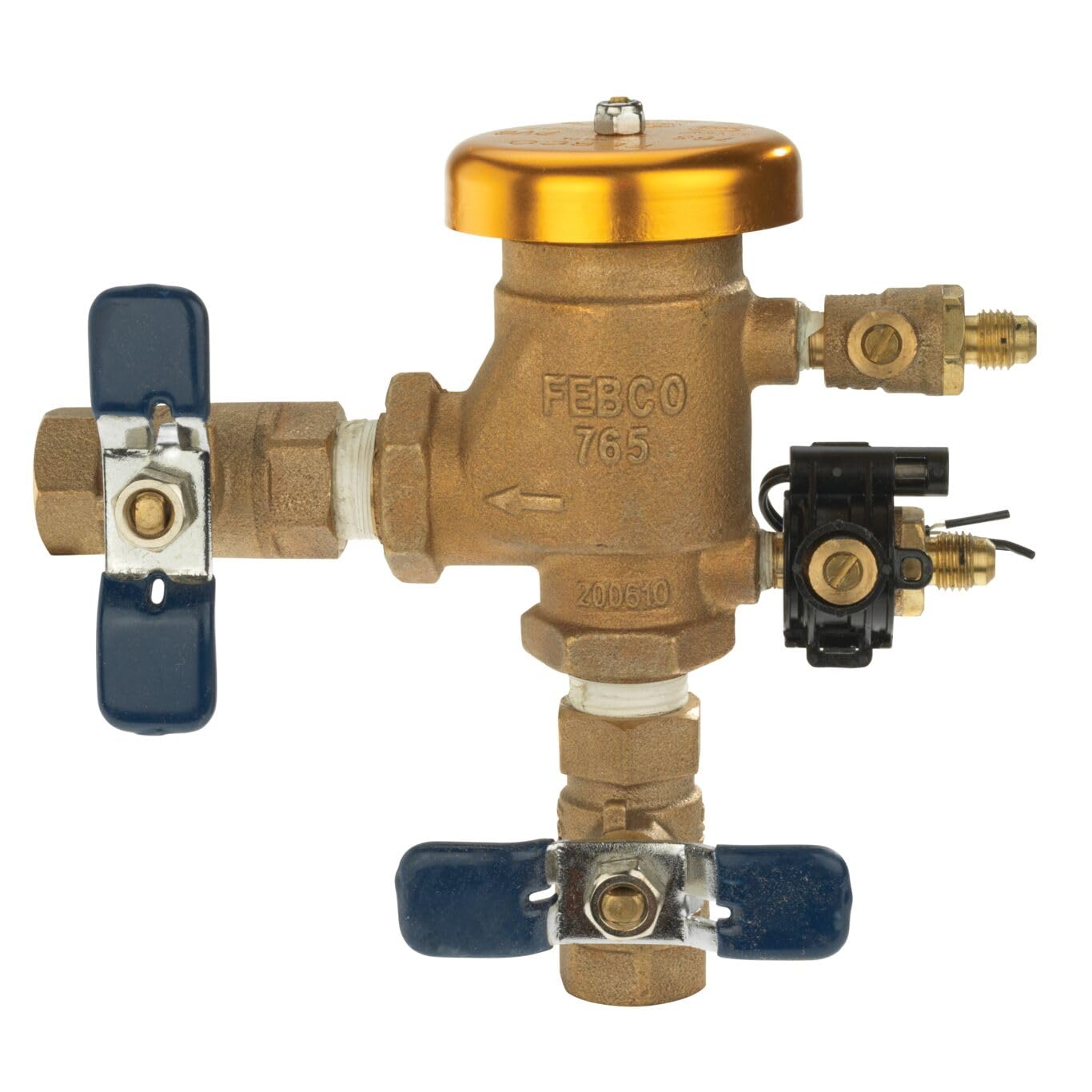 Bronze pressure vacuum breaker with gold cap, blue valve handles, and black freeze sensor module attached.