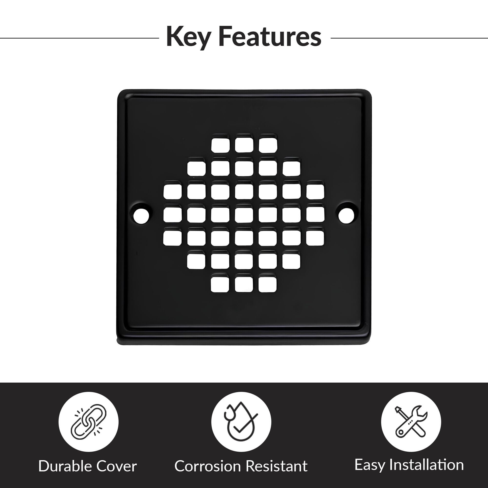 Matte black square shower strainer with grid-pattern drain holes and two side mounting holes.