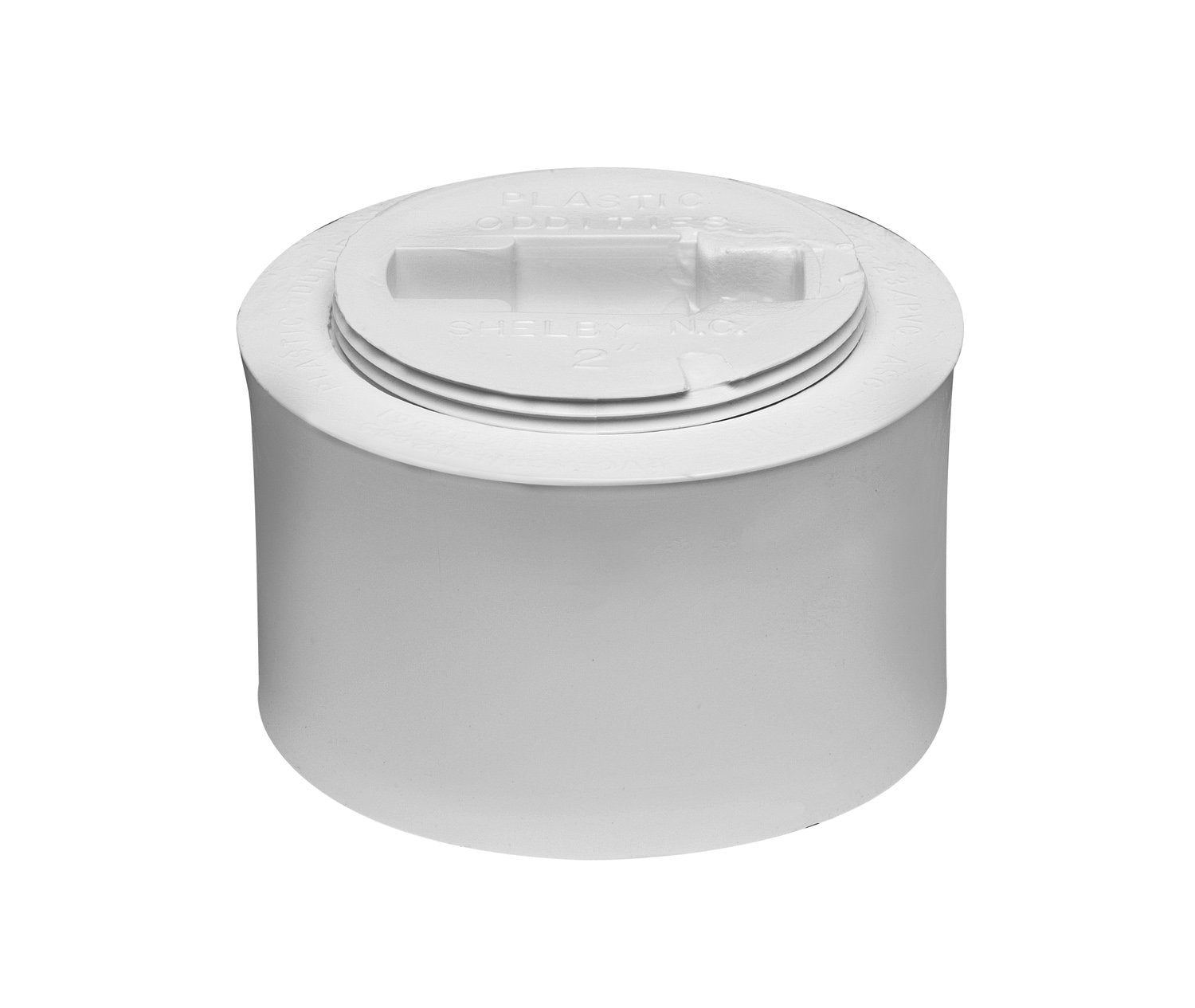 White PVC snap-in cleanout assembly with cylindrical body and hinged access cover with handle.
