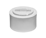 White PVC snap-in cleanout assembly with cylindrical body and hinged access cover with handle.