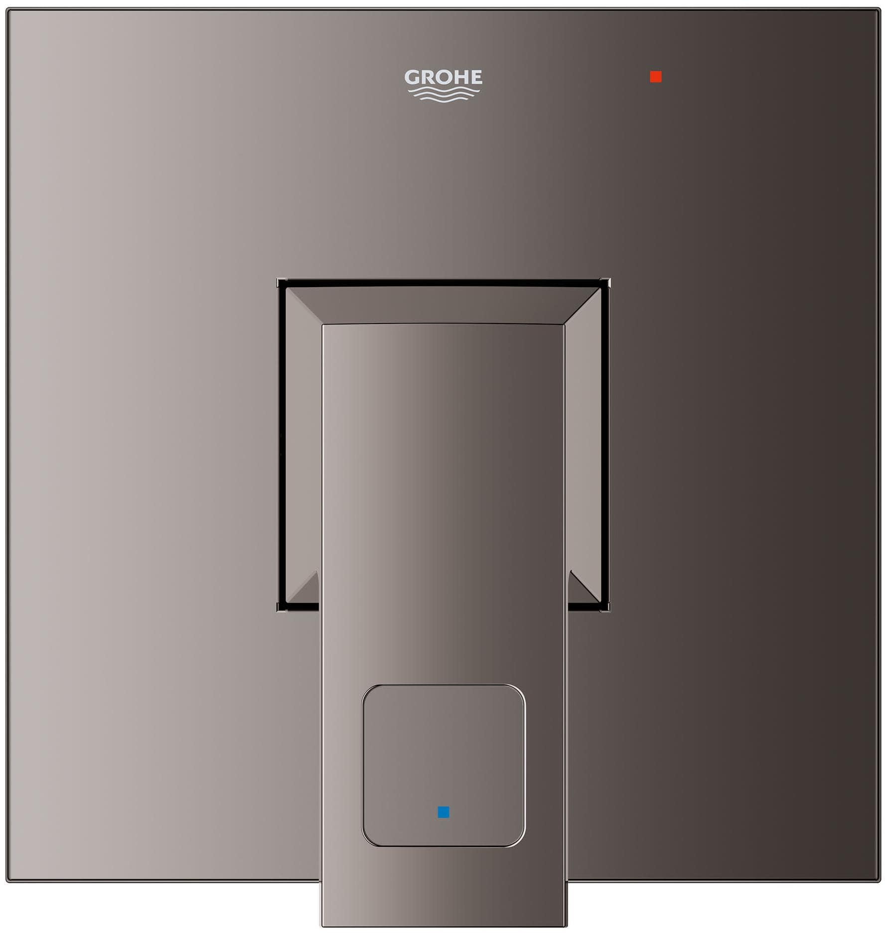 Grohe Eurocube matte black pressure balance valve trim with square handles and cartridge control shown from front view.