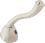 Stainless steel metal lever handle kit with curved spout and red and blue indicator dot on rounded base.