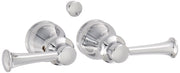 Chrome lever handle set with two handles and circular rosettes for kitchen or bathroom sink installation.