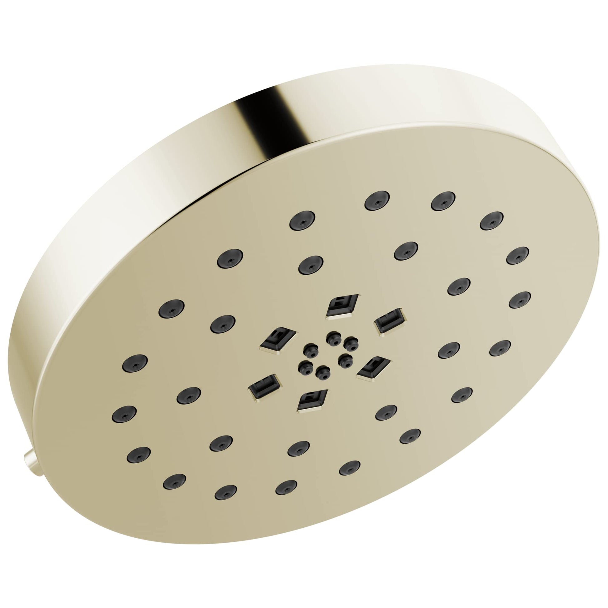 Cream-colored round shower head with multiple spray nozzles and black metal arm attachment.