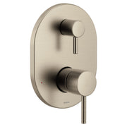 Brushed nickel shower trim with two circular handles and diverter control on oval escutcheon plate.