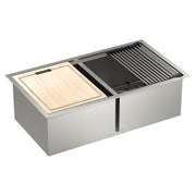 Stainless steel double bowl undermount sink with wooden cutting board, black drying rack, and colander accessories included.