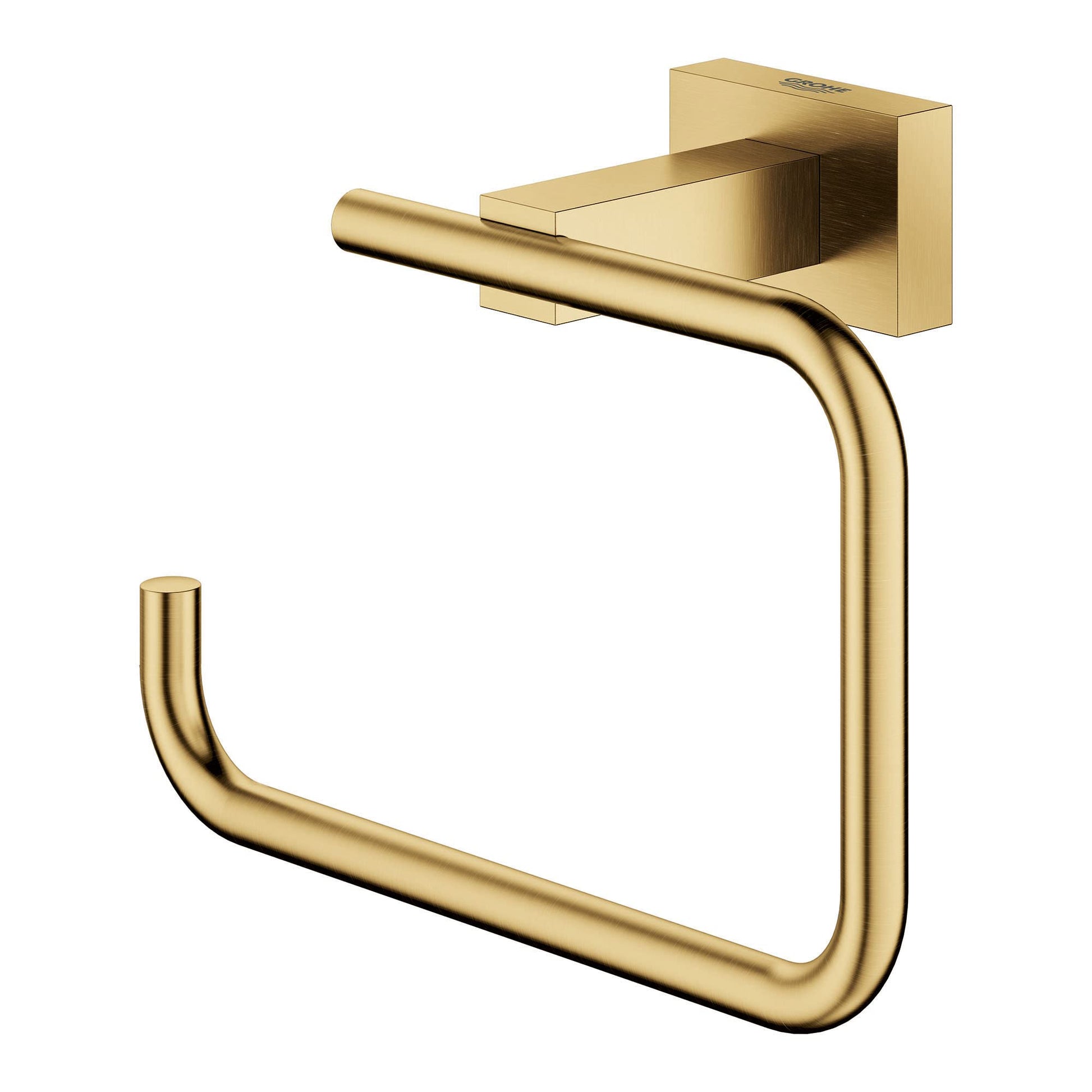 Brushed gold toilet paper holder with curved dispensing arm and square wall-mounted backing plate.