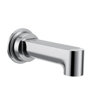 Chrome tub spout with slip fit connection and rounded cylindrical outlet extending from circular wall flange.