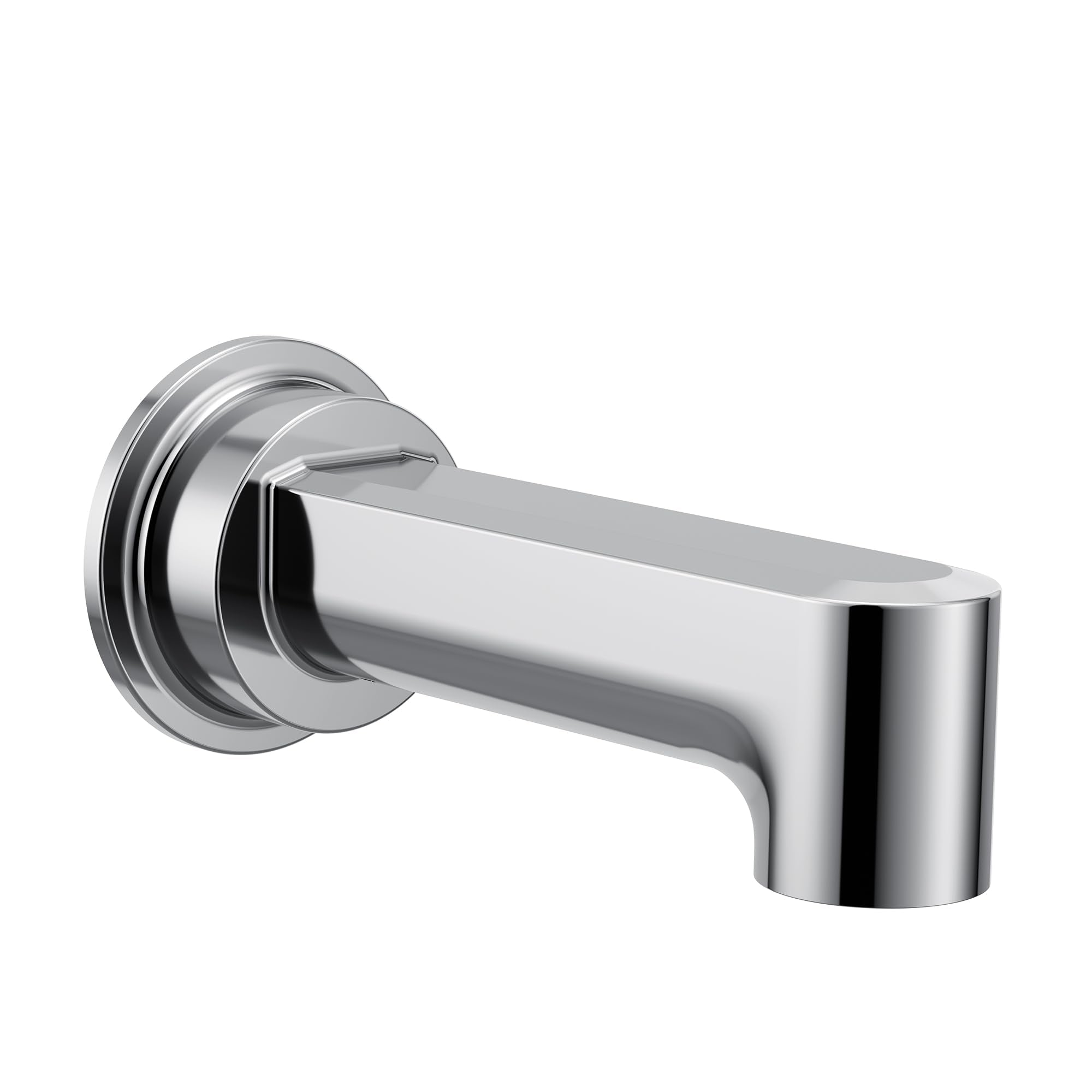 Chrome tub spout with slip fit connection and rounded cylindrical outlet extending from circular wall flange.