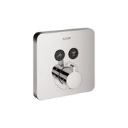 Chrome square shower trim with two function buttons and central thermostatic control dial marked to 100 degrees.