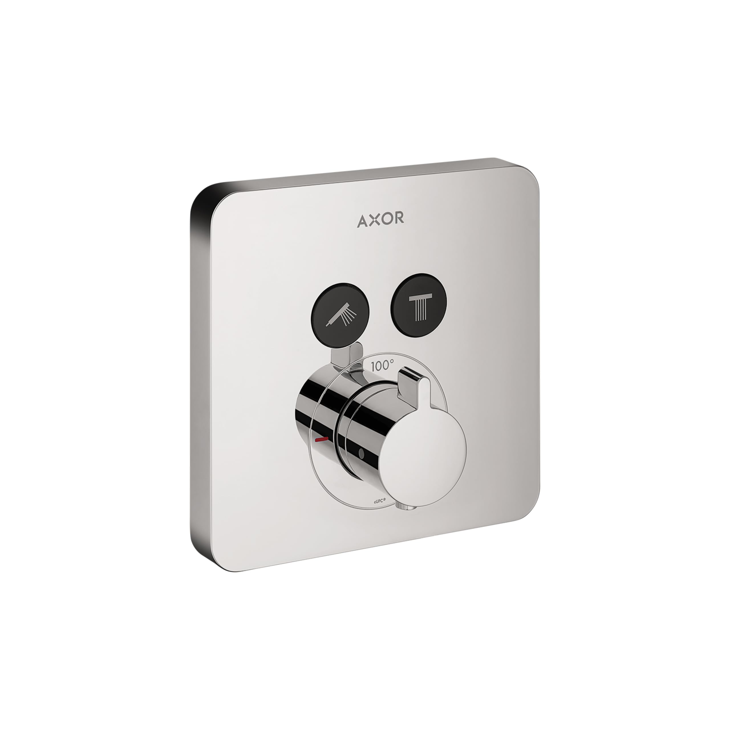 Chrome square shower trim with two function buttons and central thermostatic control dial marked to 100 degrees.