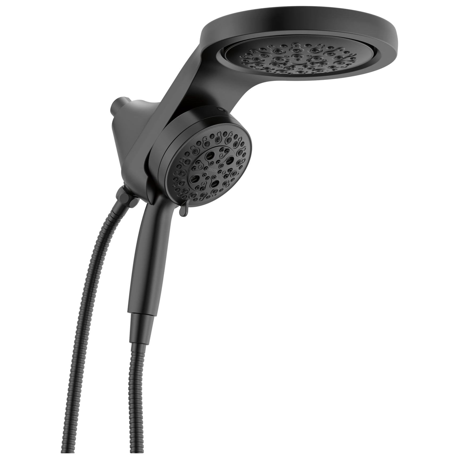 Matte black dual showerhead system with upper rainfall head and lower handheld spray connected by flexible hose.