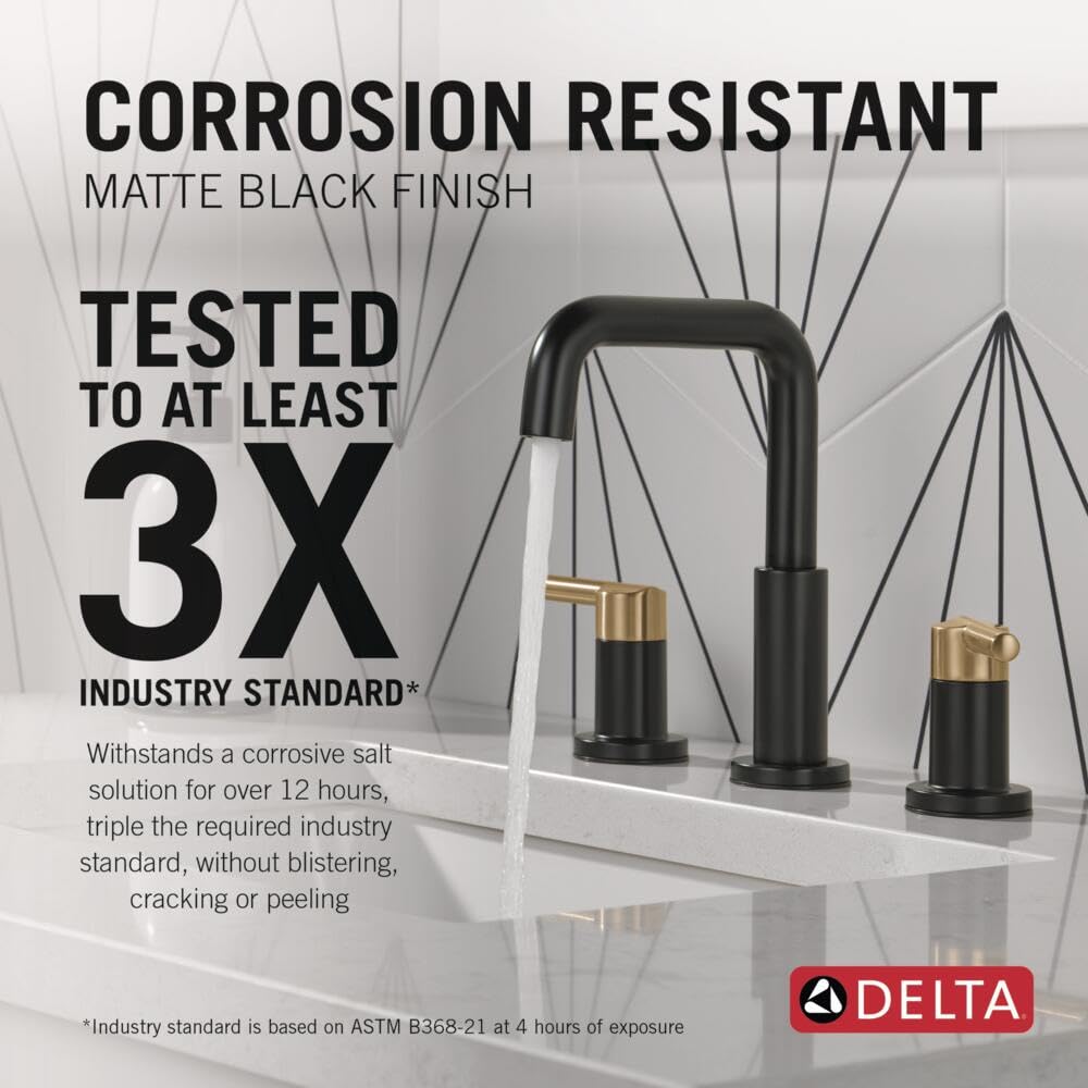 Two-handle widespread bathroom faucet with matte black finish and champagne bronze accents on white sink.