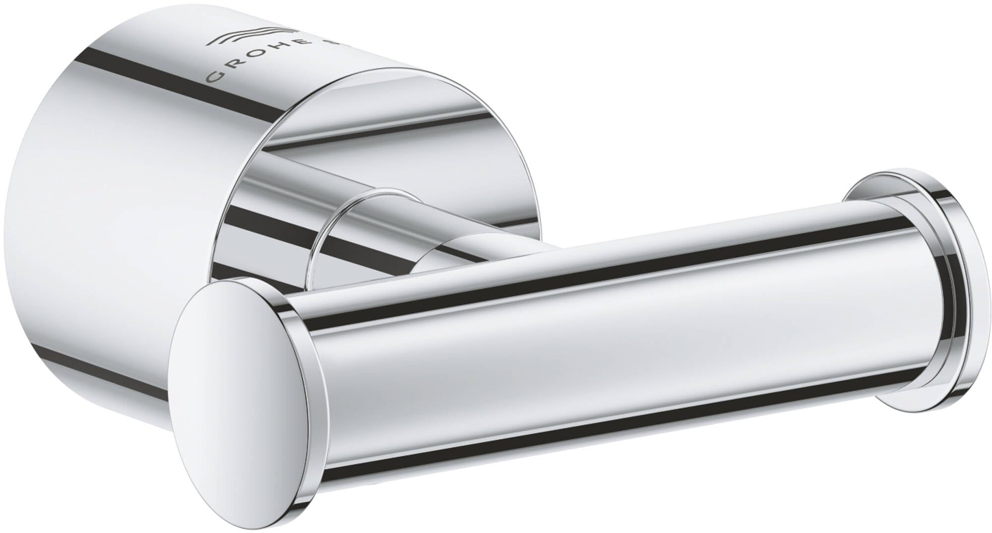Chrome towel hook with cylindrical projecting arm and circular wall-mounted backplate.