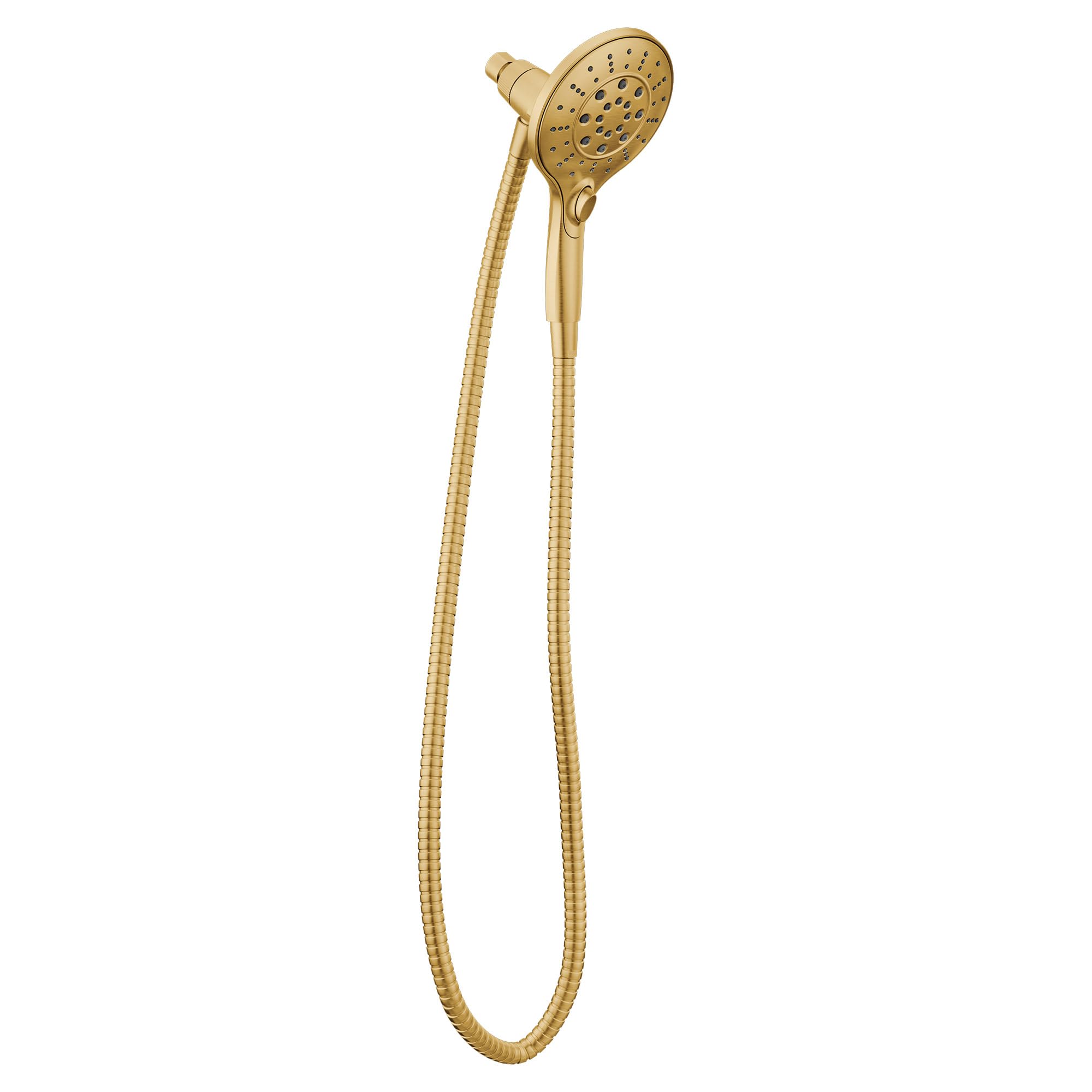 Brushed gold handheld showerhead with flexible metal hose and circular spray face.