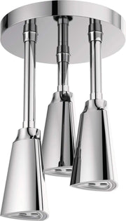 Chrome ceiling-mounted shower head with three tapered pendant fixtures and adjustable spray nozzles.
