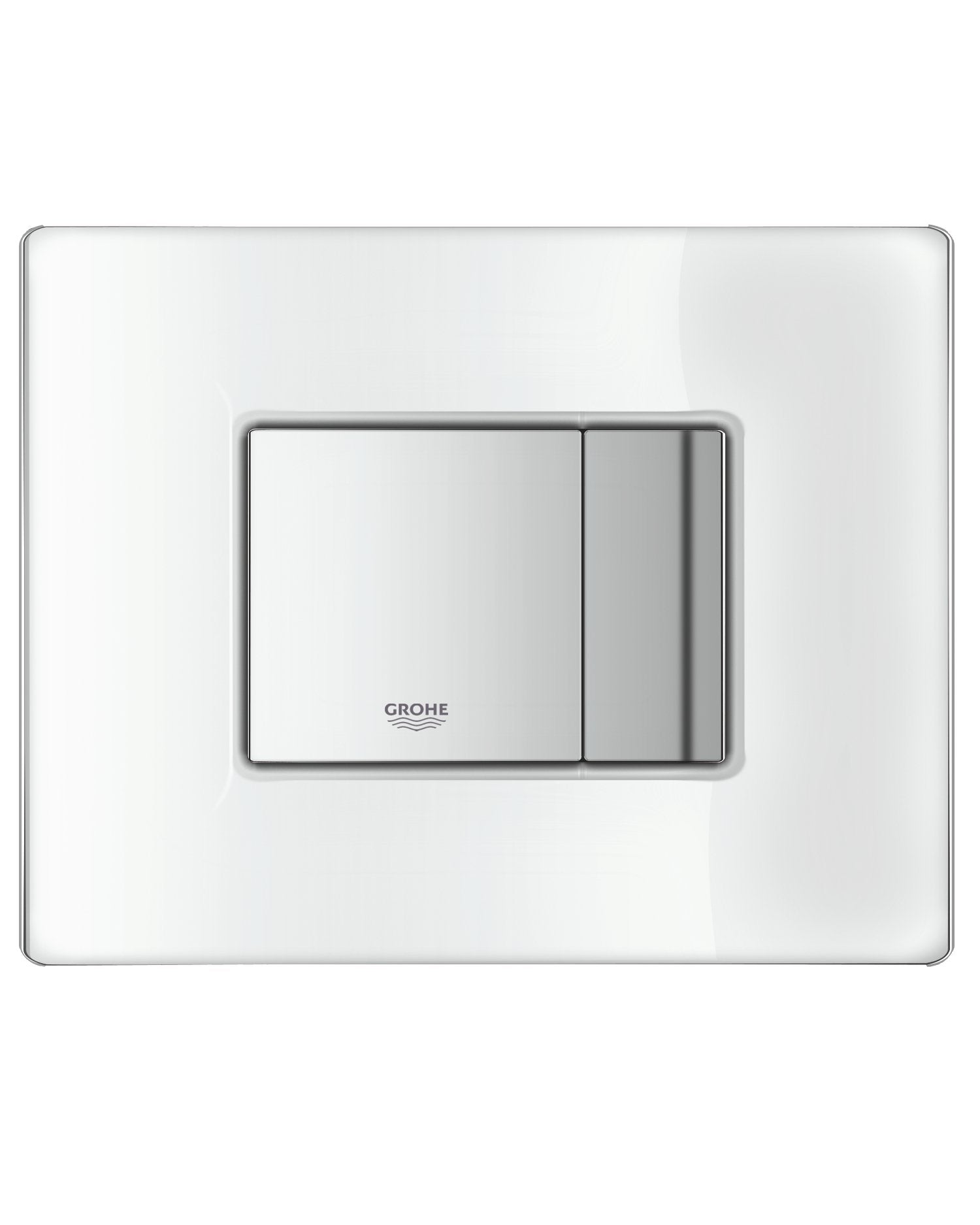 White rectangular wall plate with dual flush buttons and Grohe logo, featuring rounded corners and gray trim accents.