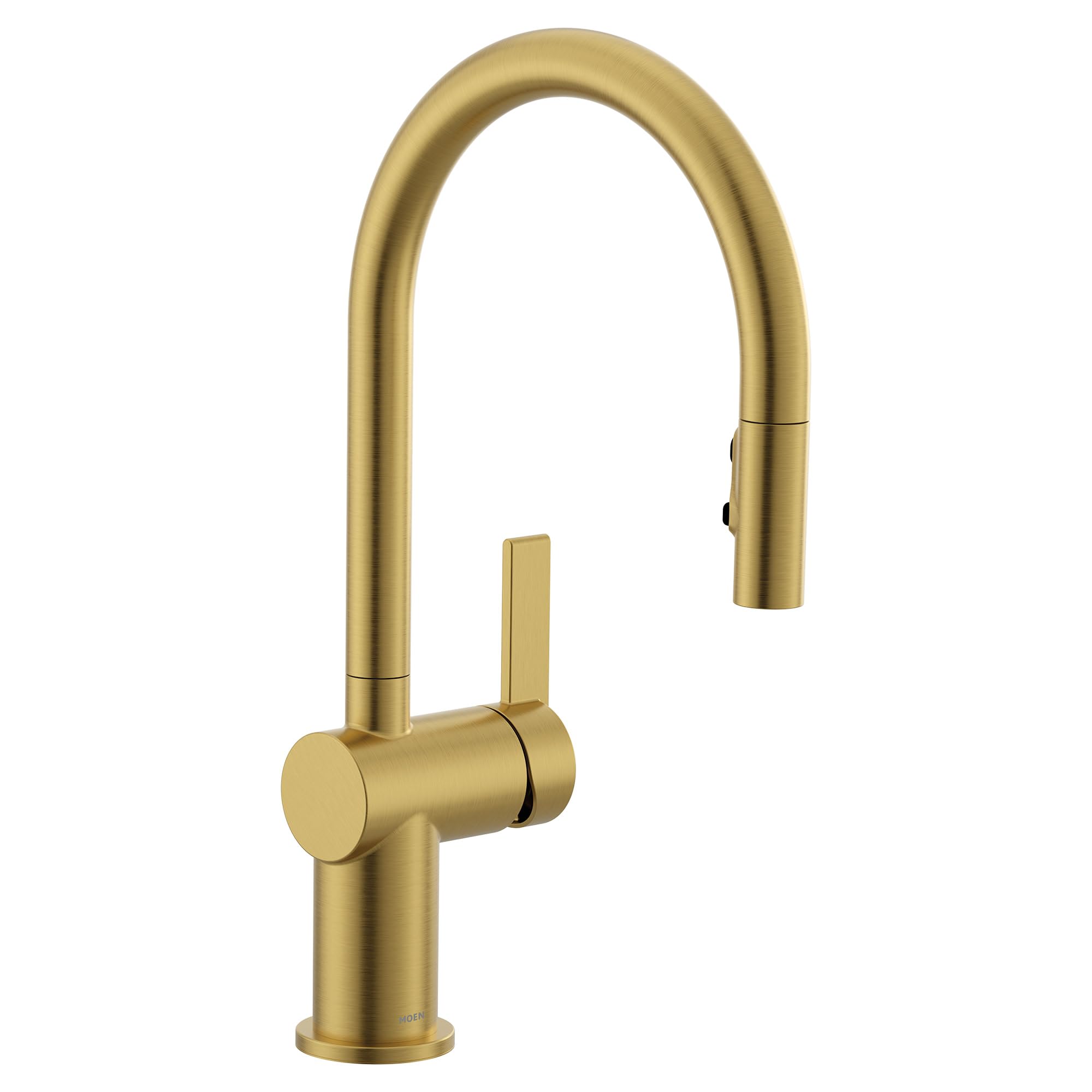 Brushed gold pulldown kitchen faucet with high curved spout and single lever handle.
