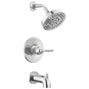 Chrome tub and shower trim set with round showerhead, valve control, and tub spout.