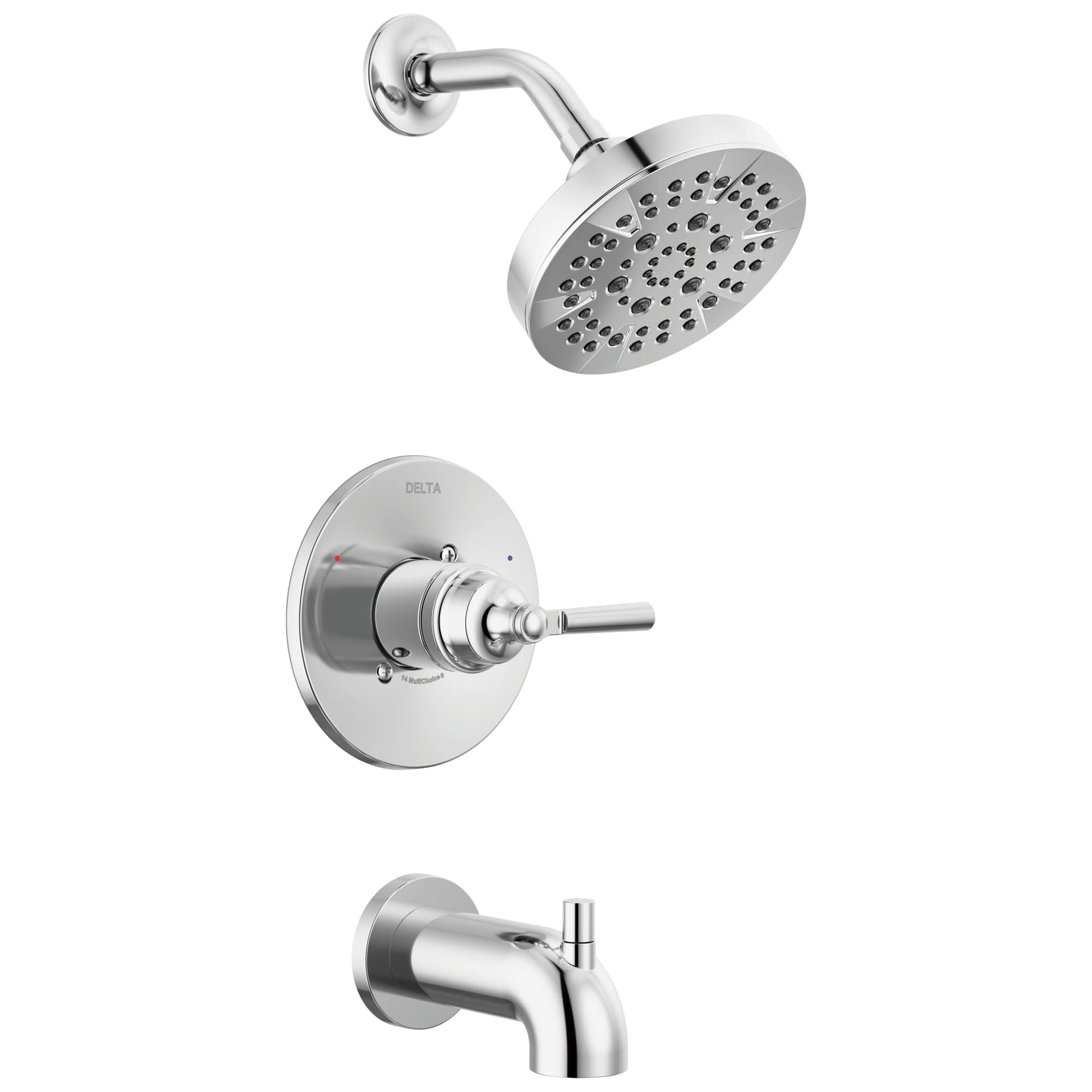 Chrome tub and shower trim set with round showerhead, valve control, and tub spout.