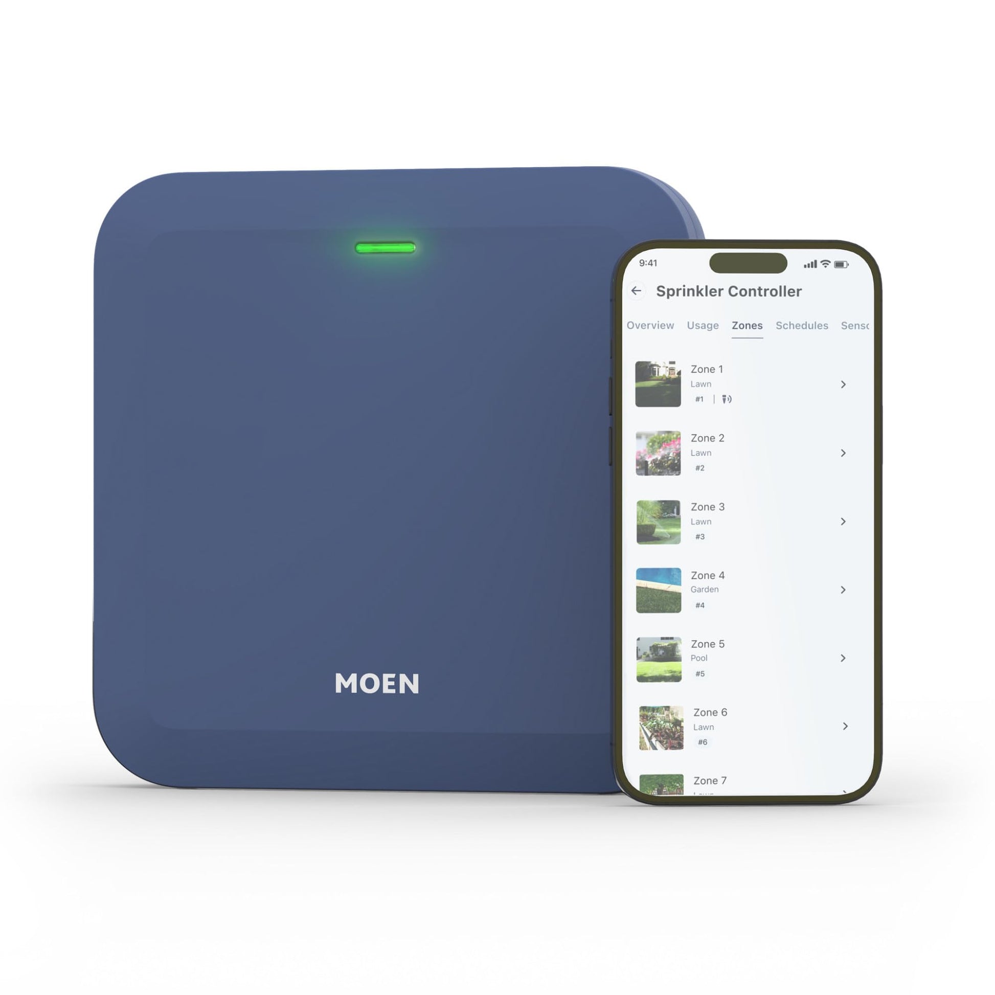 Blue Moen sprinkler controller with green indicator light and smartphone displaying app interface showing multiple irrigation