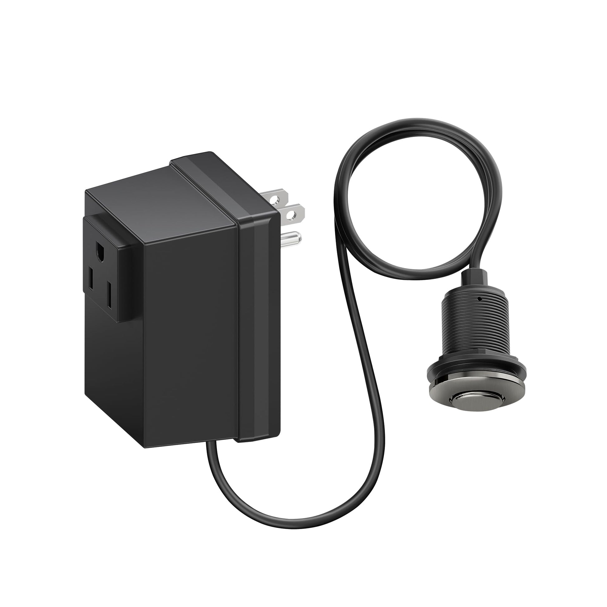 Satin dark steel air switch set with black control unit and cord-connected push button switch.