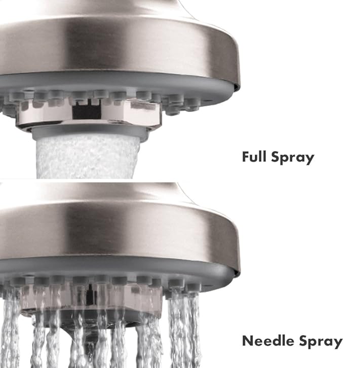 Chrome kitchen faucet head with two spray modes: full spray and needle spray patterns.