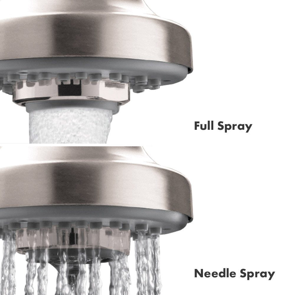 Steel Optic showerhead demonstrating full spray and needle spray modes with water flowing downward.