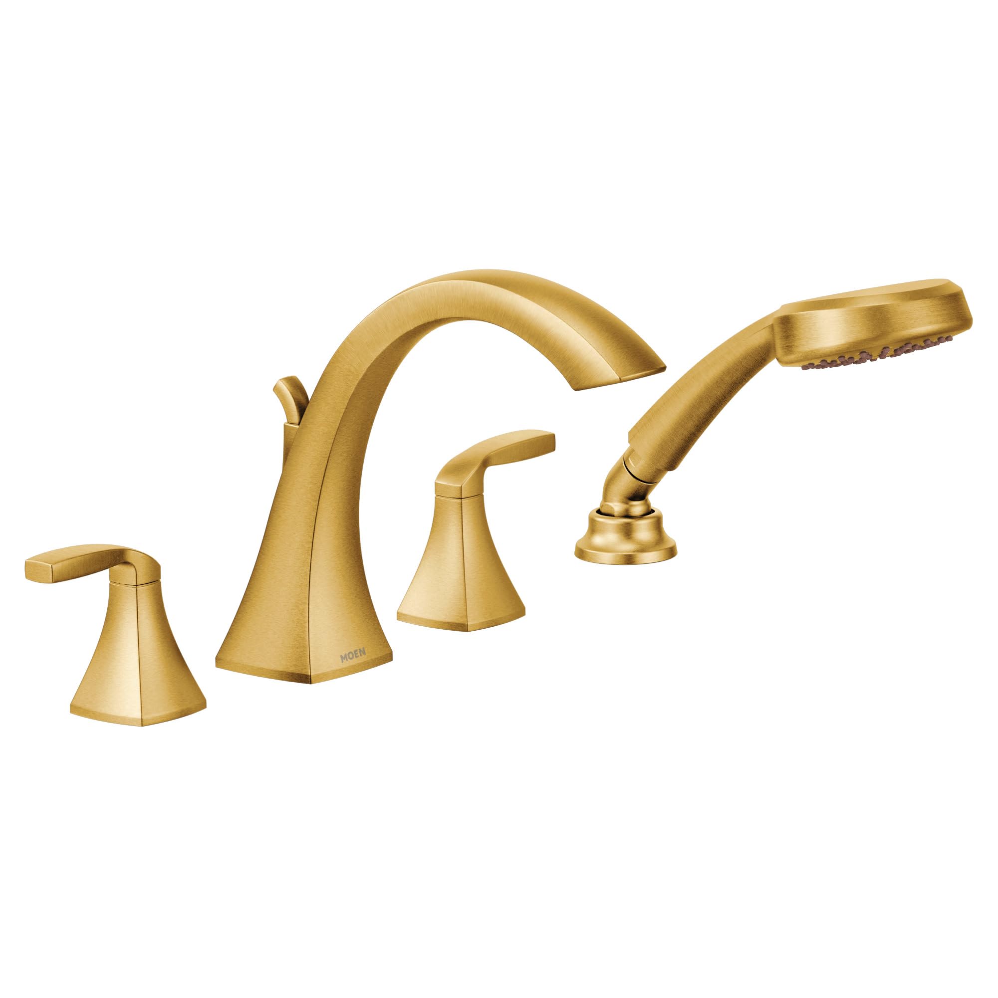 Gold deck mount roman tub faucet with two handles, curved spout, and detachable handshower.