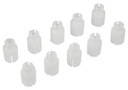 Nine white plastic snap insert components with cylindrical bodies and radiating fins, displayed against white background.