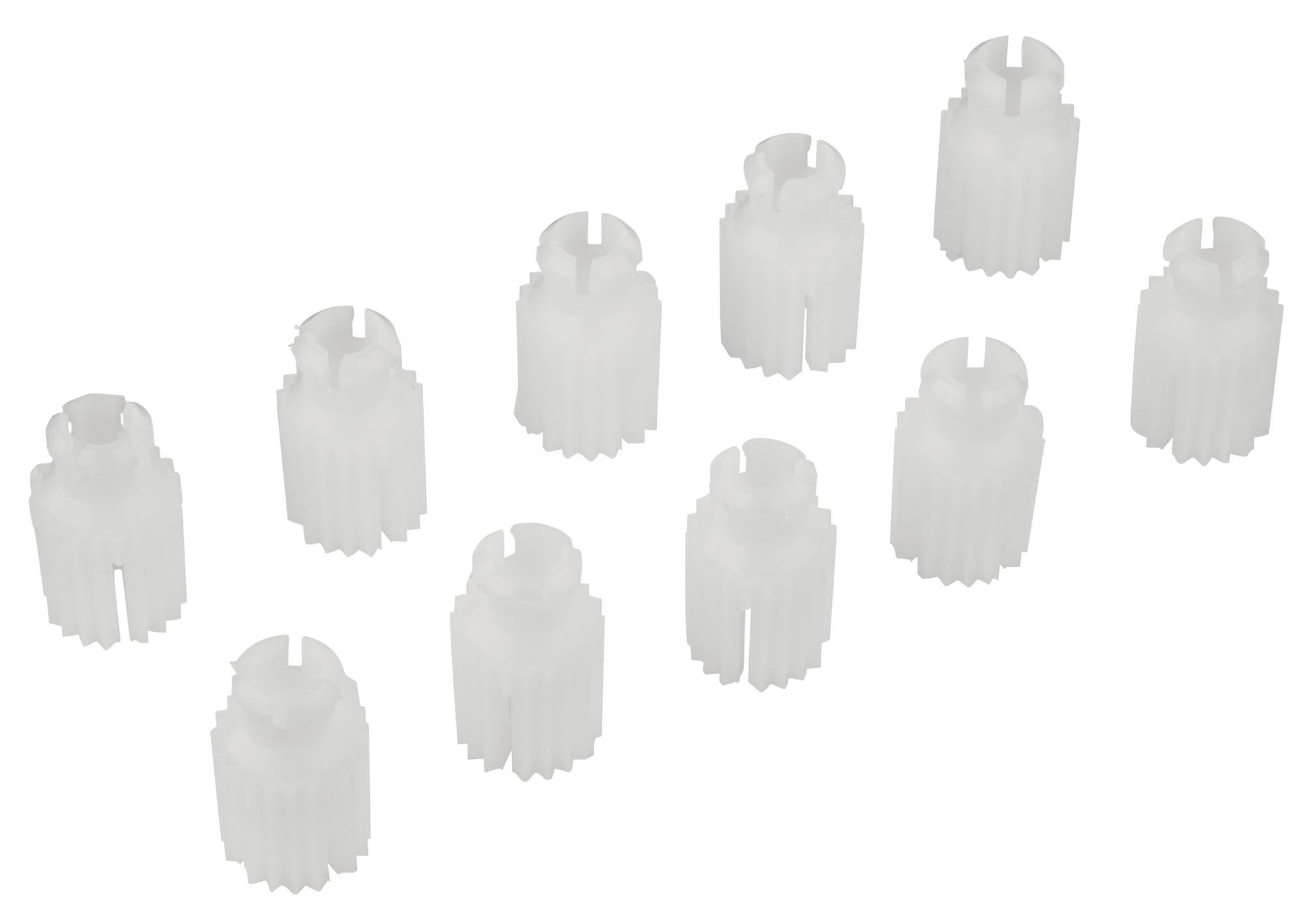 Nine white plastic snap insert components with cylindrical bodies and radiating fins, displayed against white background.